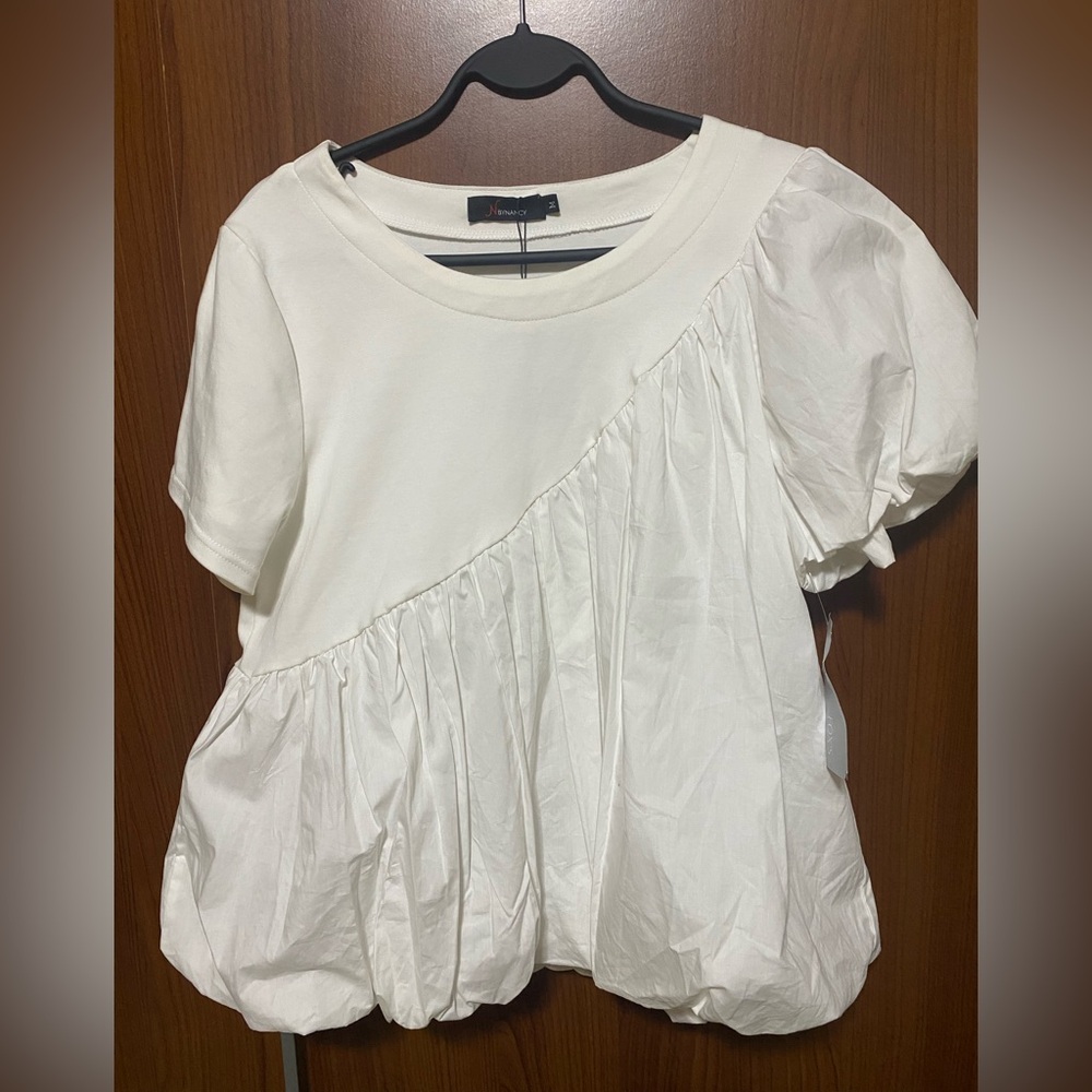 N ByNancy Bubble Hem puffed sleeve White Babydoll Y2K Women's Summer Top Size M - Picture 2 of 8